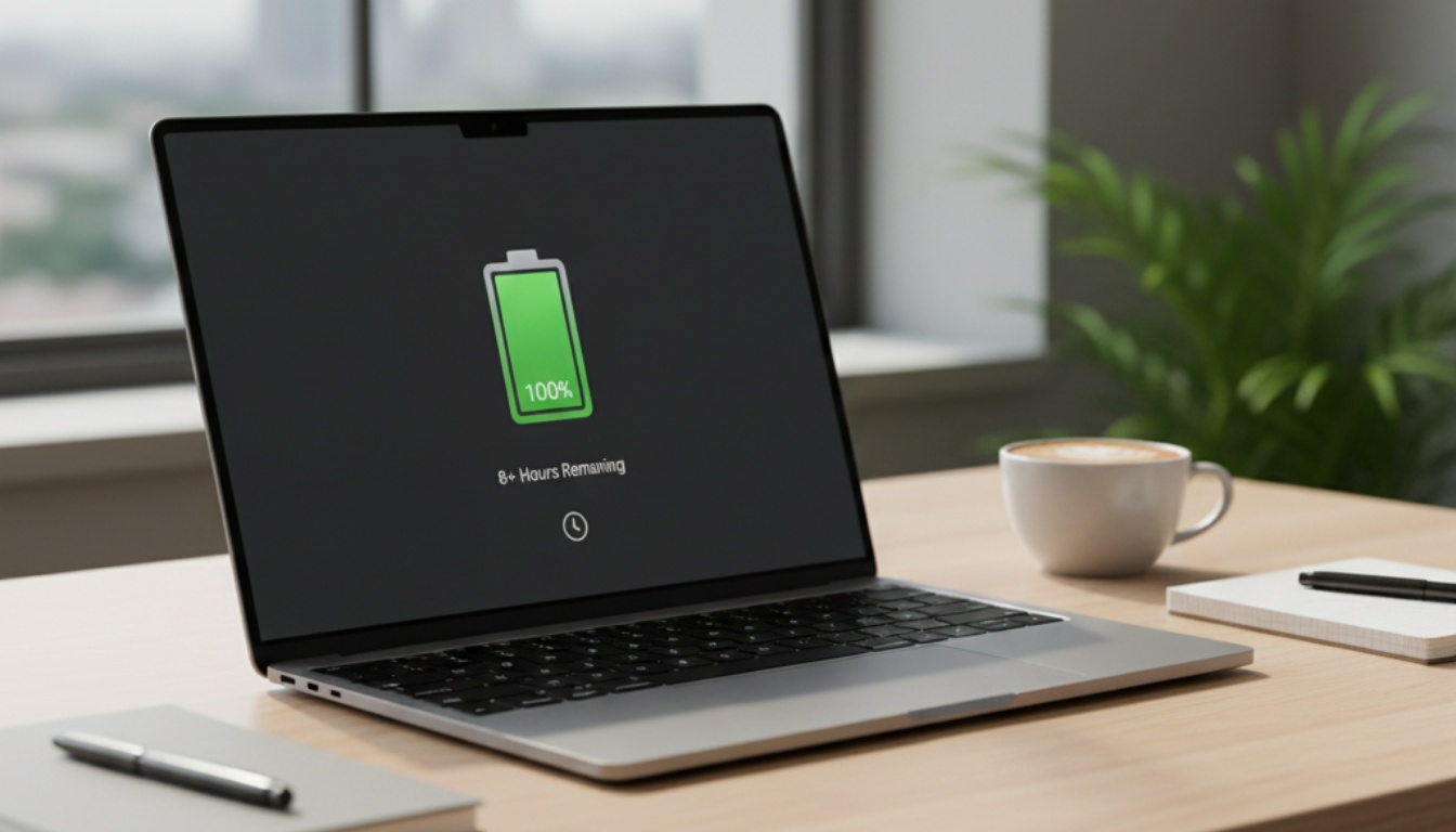 Premium laptop displaying battery life indicator showing 100% charge with all-day usage capability