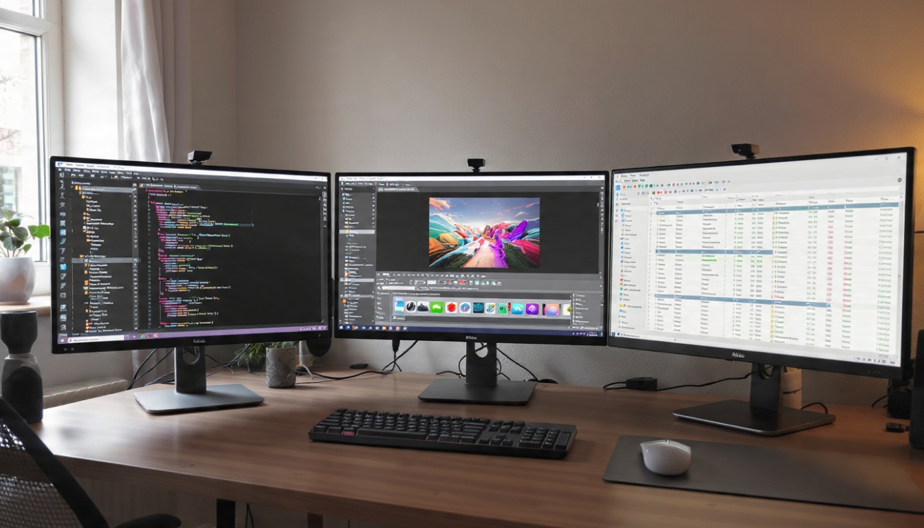 Three computer monitors displaying code, design software, and a productivity dashboard on a clean wooden desk with mechanical keyboard