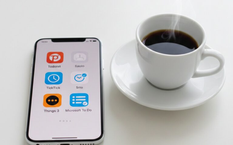 Smartphone displaying multiple to-do list apps including Todoist, Things 3, and TickTick on screen