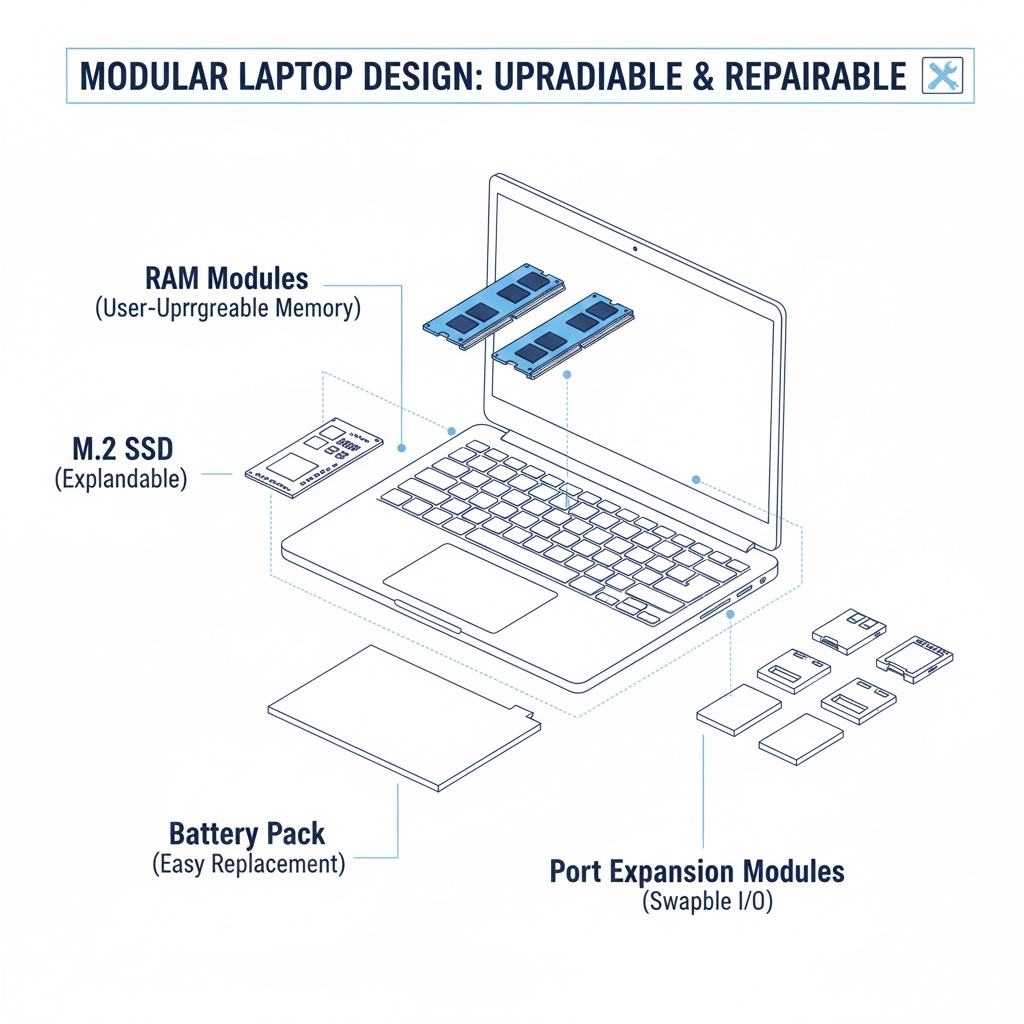 Exploded view diagram of user-replaceable laptop components including RAM, SSD, and battery