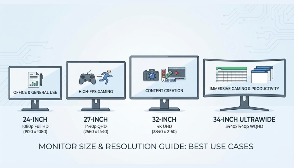 Infographic showing optimal monitor size and resolution pairings from 24-inch 1080p to 32-inch 4K displays