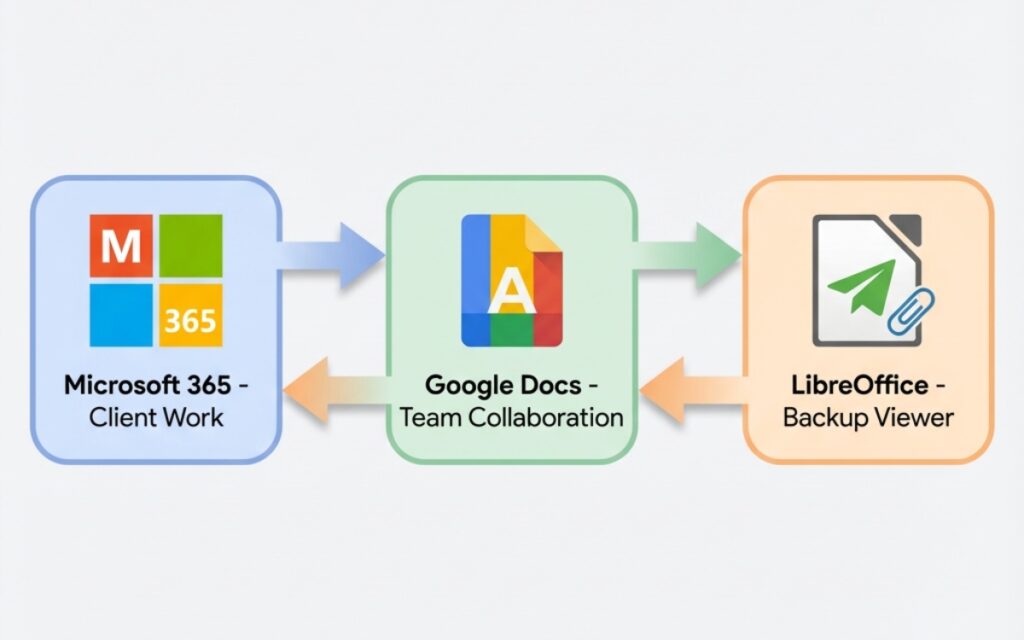 Workflow diagram showing how to use multiple office suites together for different work scenarios and tasks
