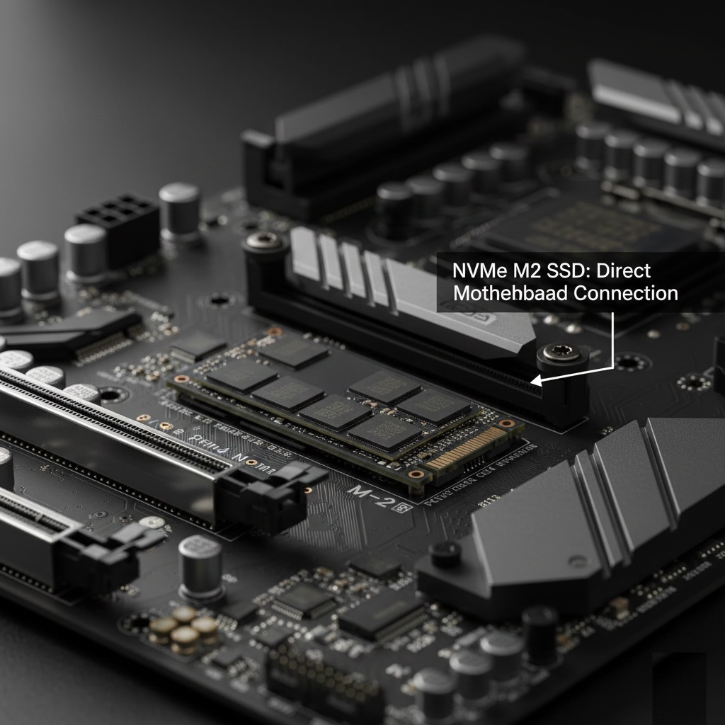 Close-up of NVMe M.2 SSD drive installed in PCIe slot on computer motherboard showing compact form factor