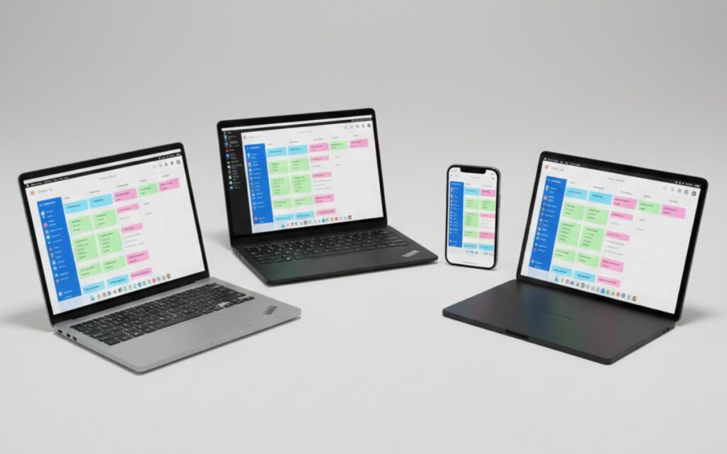Mac, Linux, iPhone and Android devices all running the same productivity app with synchronized data