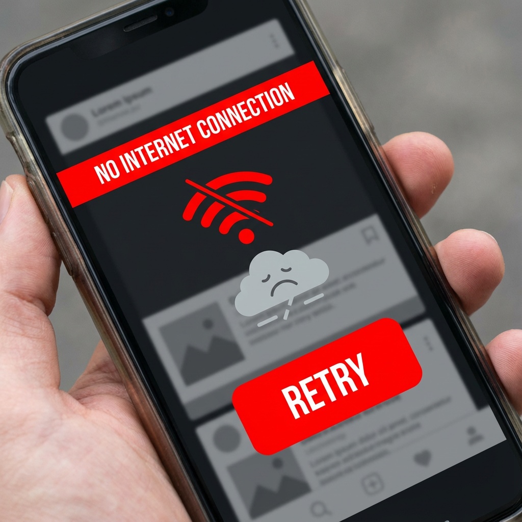 Screenshot-style image of offline error message with disconnected WiFi icon