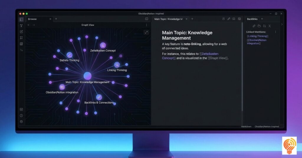 Visual representation of connected notes and knowledge management in Obsidian showing graph view and markdown files