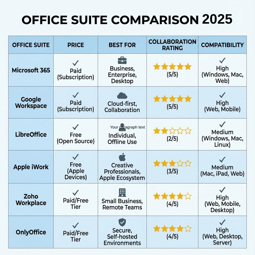Comprehensive comparison table of six major office suites showing pricing, features, collaboration and compatibility ratings