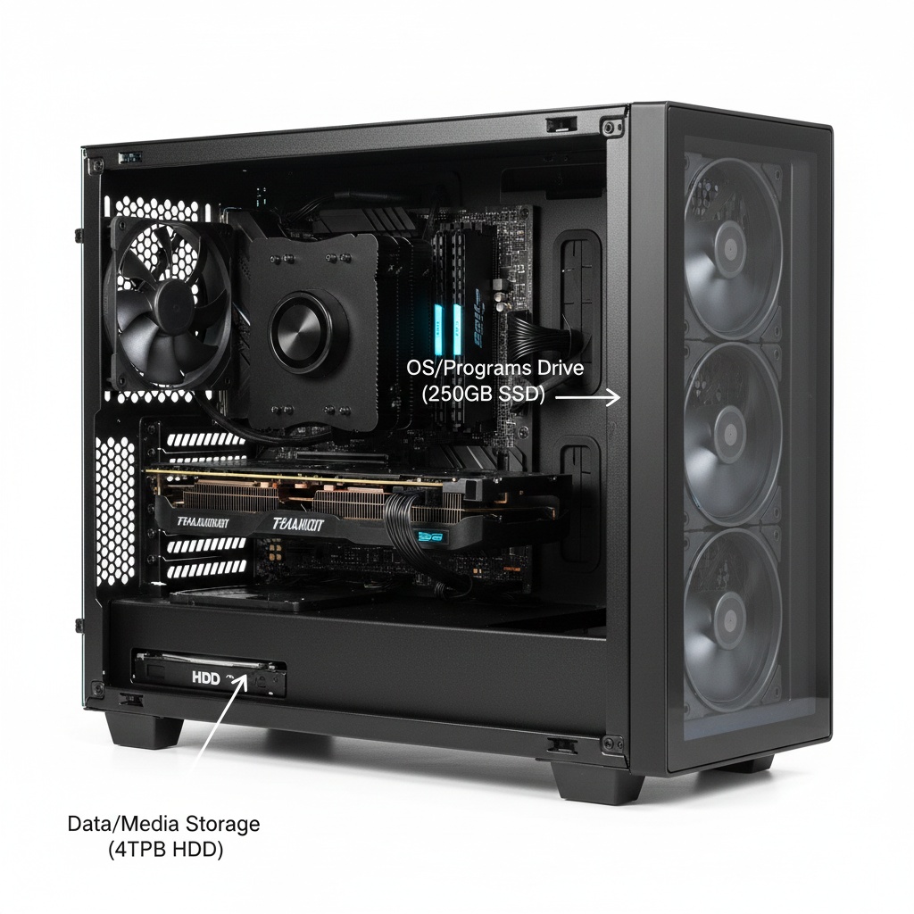 Desktop computer internals showing SSD mounted for OS and larger HDD installed for mass storage in dual-drive configuration