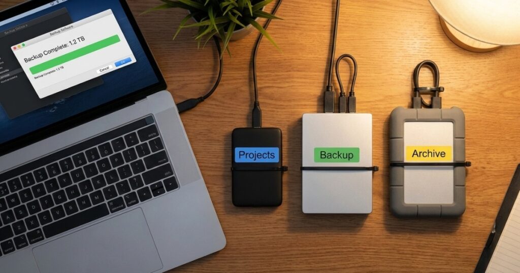 Well-organized external hard drive setup showing multiple drives labeled for different backup purposes on a workspace