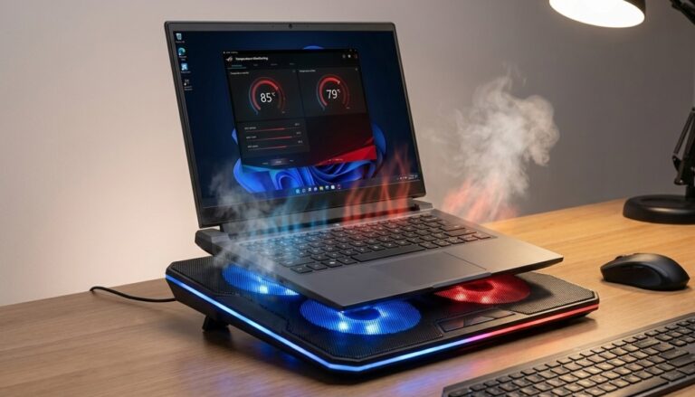 Gaming laptop on cooling pad with visible heat waves and temperature monitoring display showing thermal management