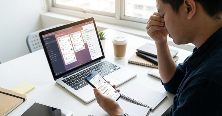 Person looking stressed while switching between multiple task management apps on smartphone and laptop screen