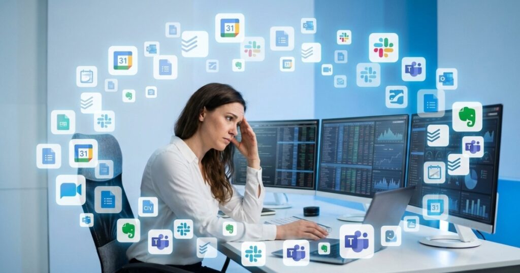 Person at desk surrounded by floating icons of productivity apps, calendars, and notifications representing modern software overwhelm