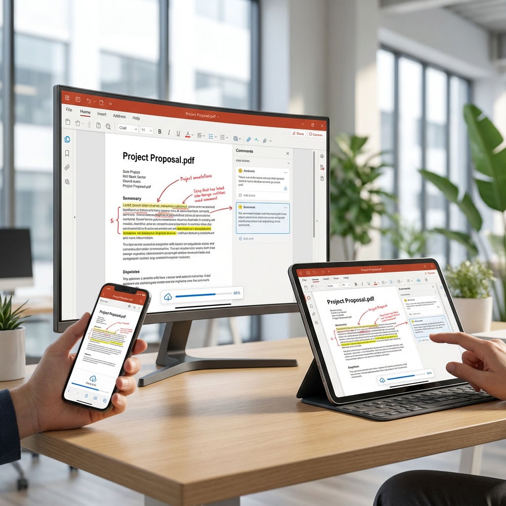 PDF editing workflow shown on desktop computer, tablet, and smartphone simultaneously