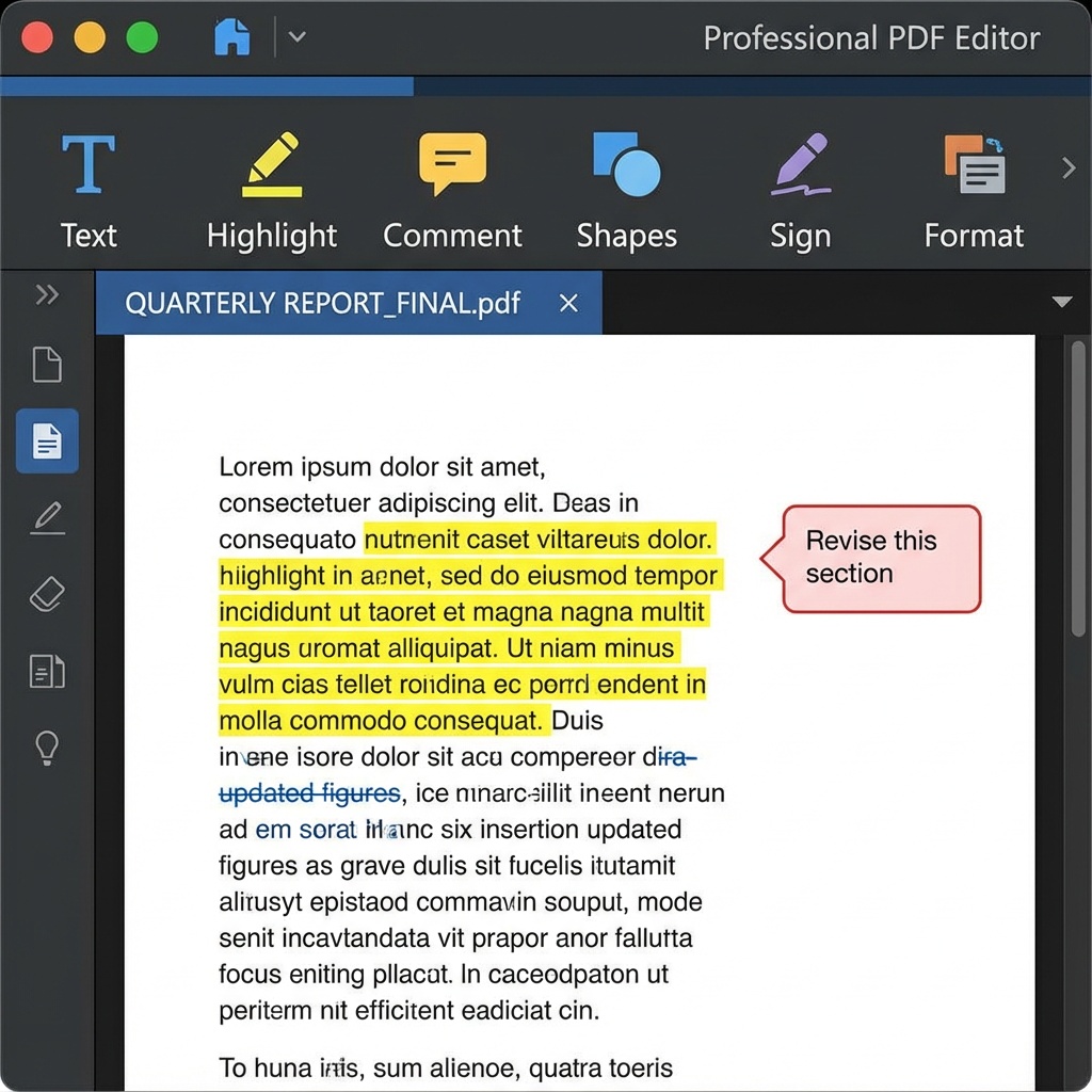Close-up of PDF editor software interface highlighting text editing and annotation tools
