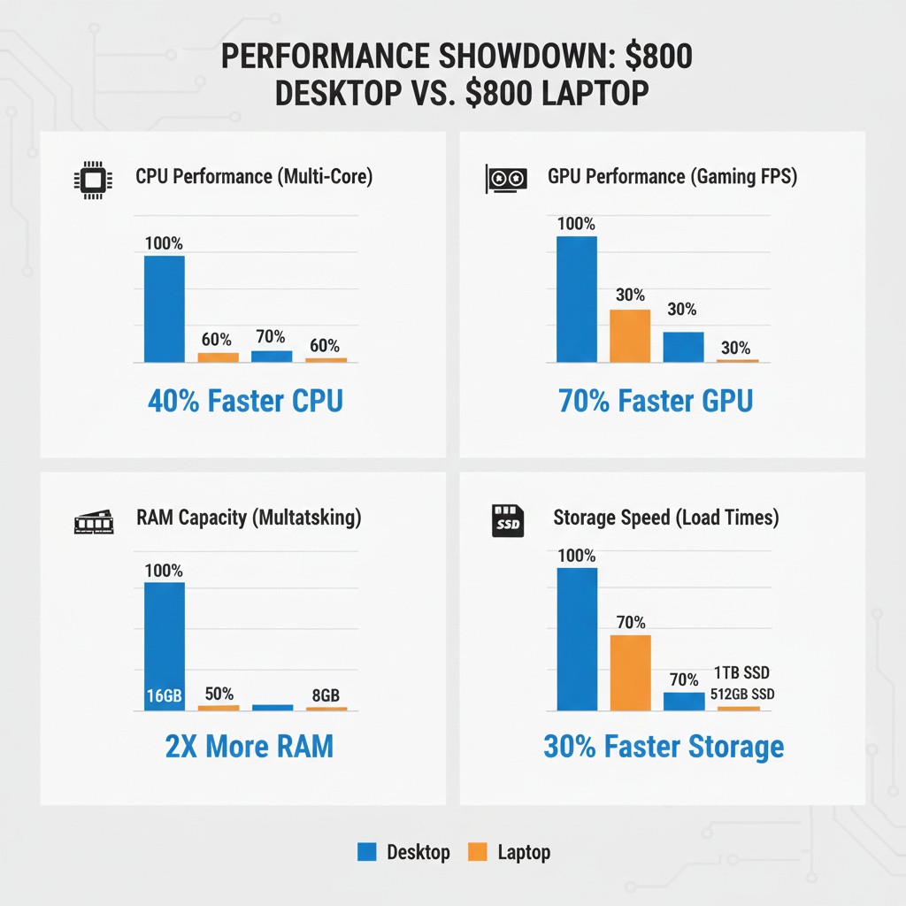 Bar graph comparing desktop and laptop performance metrics across CPU, GPU, and value for $800 budget