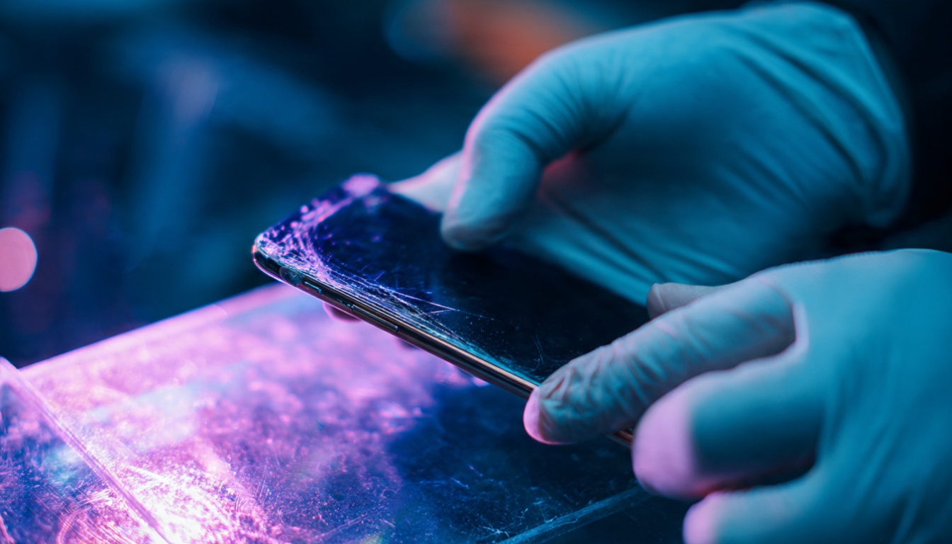 Close-up of hands examining a refurbished smartphone screen for scratches and defects before purchase