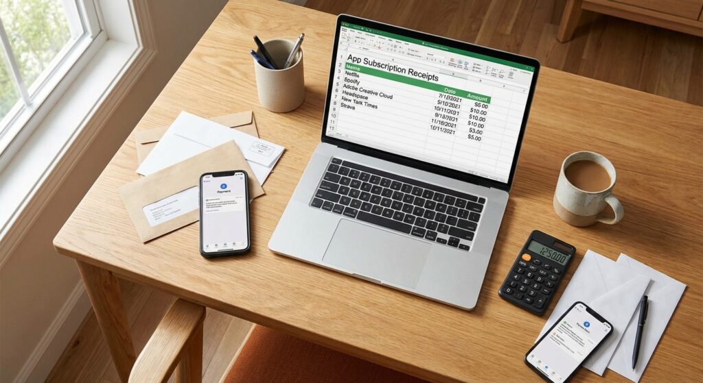 Workspace setup showing cost analysis of productivity app subscriptions with laptop, calculator, and billing statements