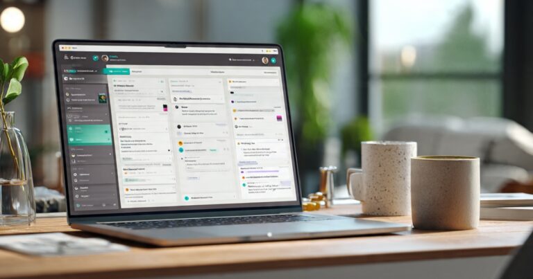 Laptop screen showing note-taking app on one side and task management app on other side, representing the choice between different productivity tools