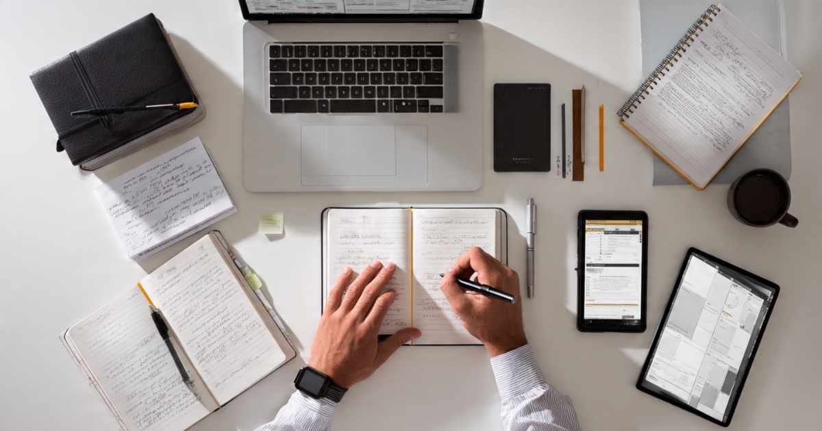 Student or professional taking digital notes on laptop with phone and tablet showing different note-taking applications