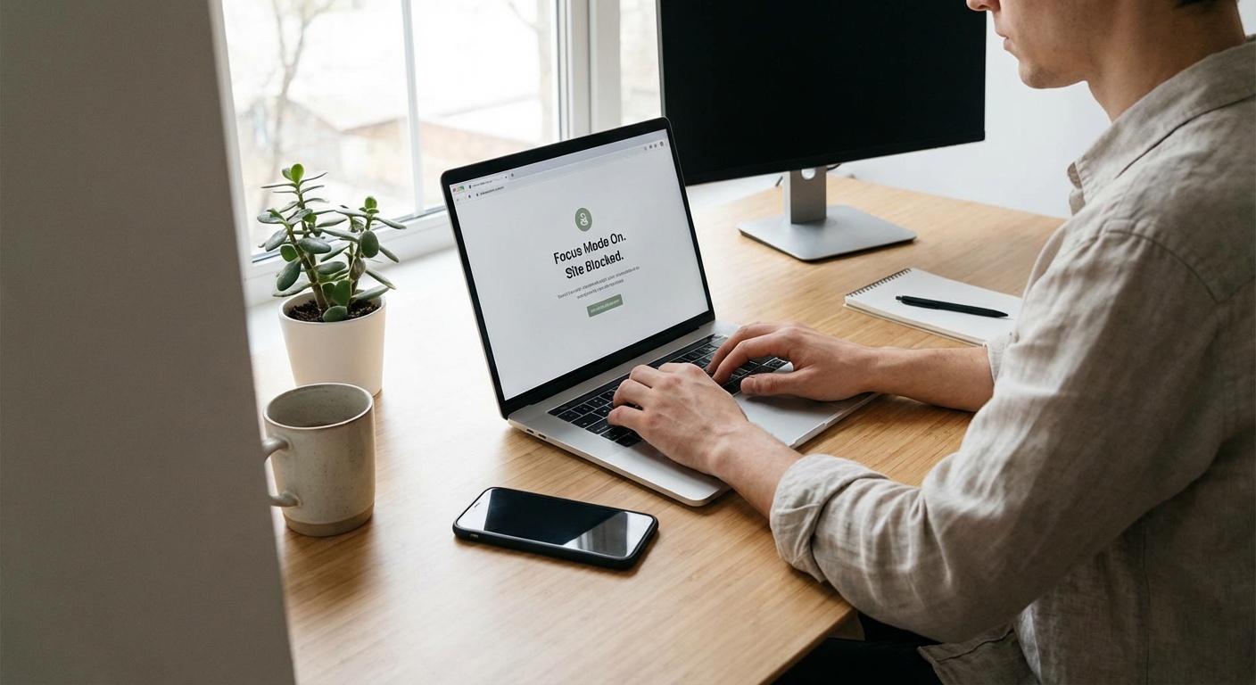 Focused worker using distraction-blocking app with phone turned face-down on clean desk
