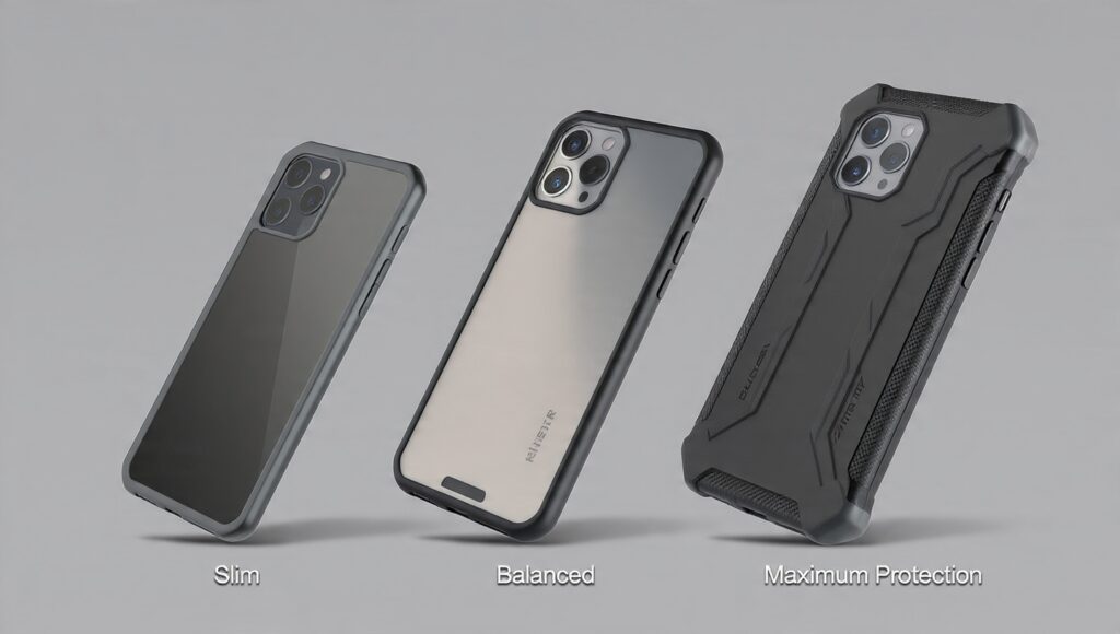 Three different phone cases showing varying levels of protection and bulk on the same smartphone model