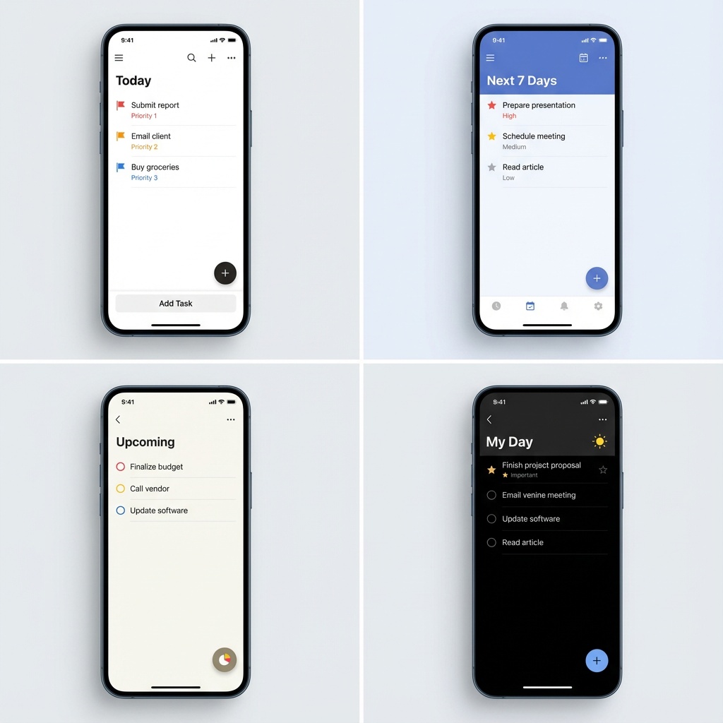 Side by side comparison of Todoist, TickTick, Things 3, and Microsoft To Do interfaces showing priority features