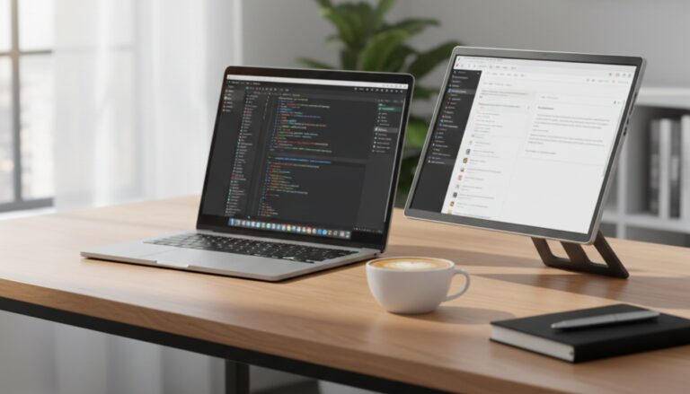 Dual screen laptop setup with portable monitor showing code editor and browser in coffee shop environment