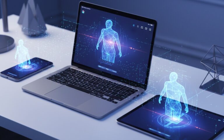 Futuristic workspace showing AI-powered productivity tools and smart automation interfaces on multiple devices