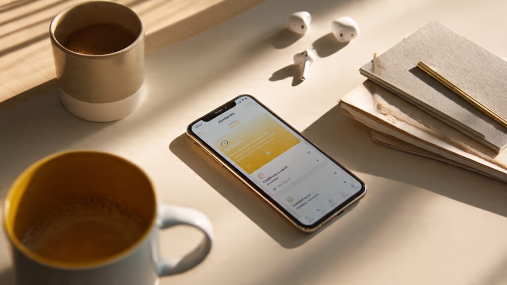 Smartphone showing productivity apps like Notion and Structured with coffee cup on desk