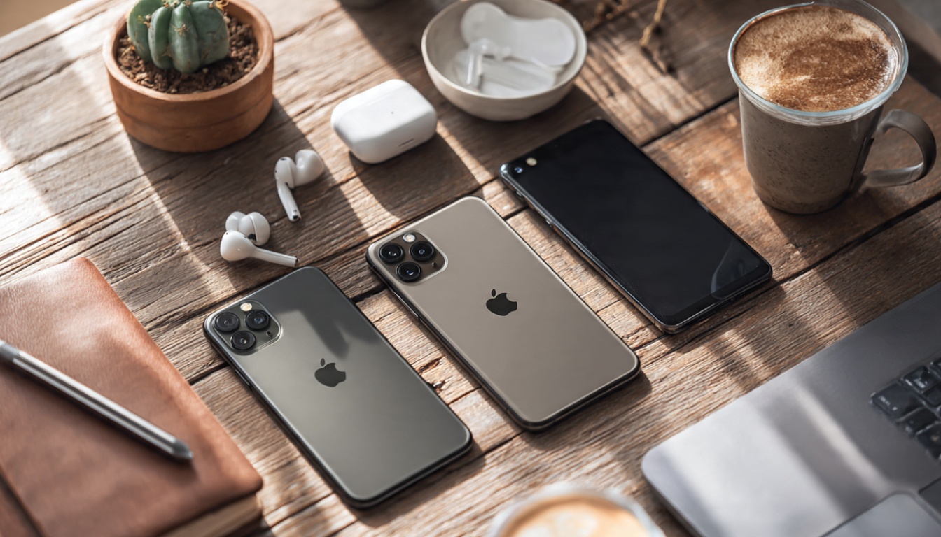 Modern smartphones arranged on desk with business accessories including laptop, notebook, and coffee representing best phones for professional business use