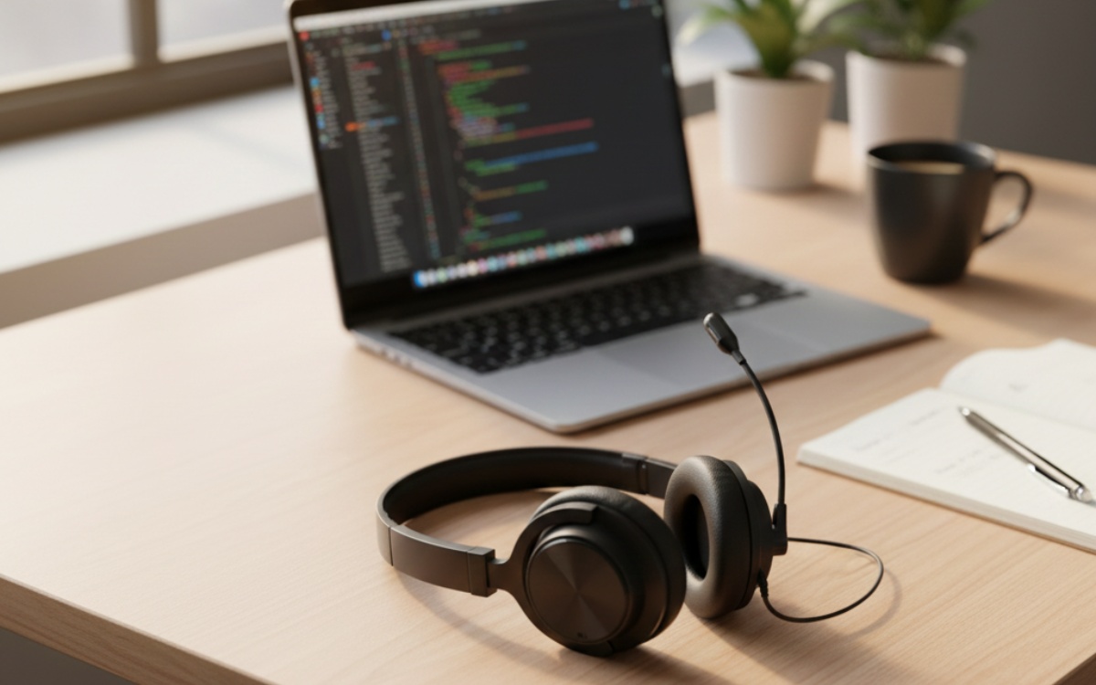High-quality computer headset on a clean desk workspace with laptop and coffee mug