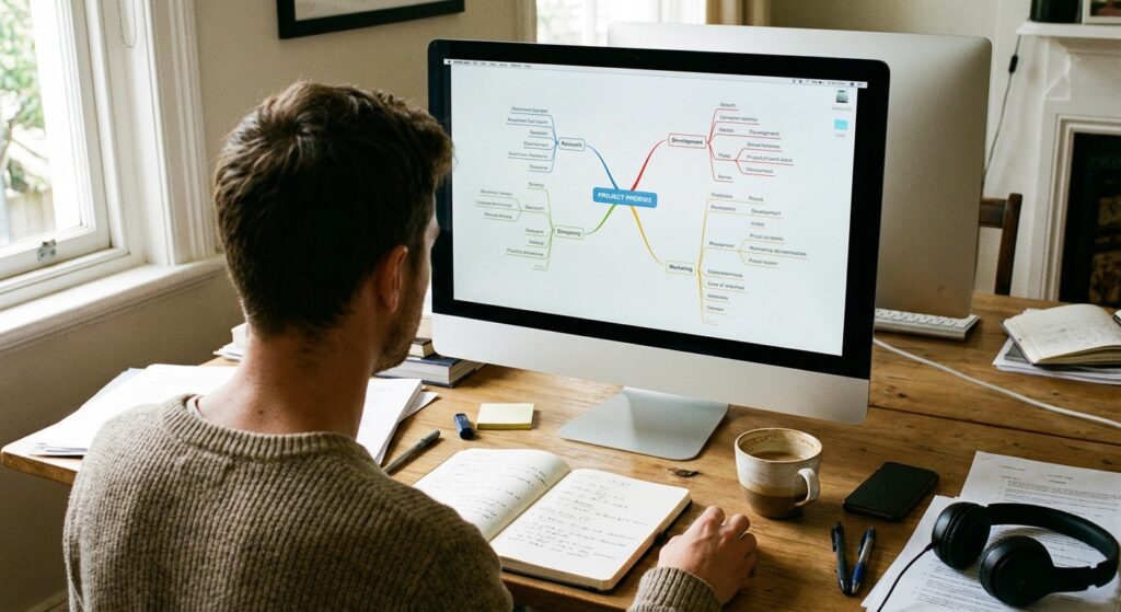 Developer or professional reviewing mind map on computer screen for project planning and brainstorming