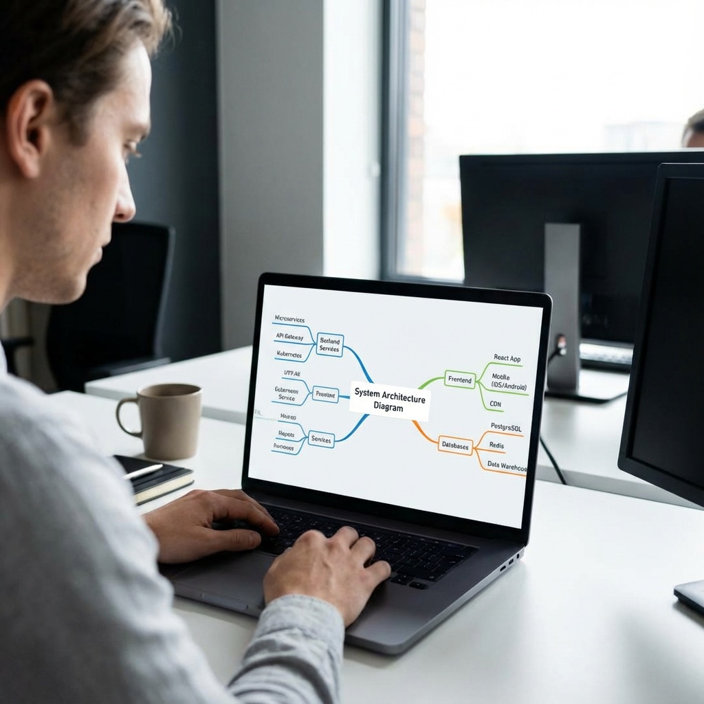 Software developer using mind mapping tool on laptop for system architecture planning with colorful branching diagrams