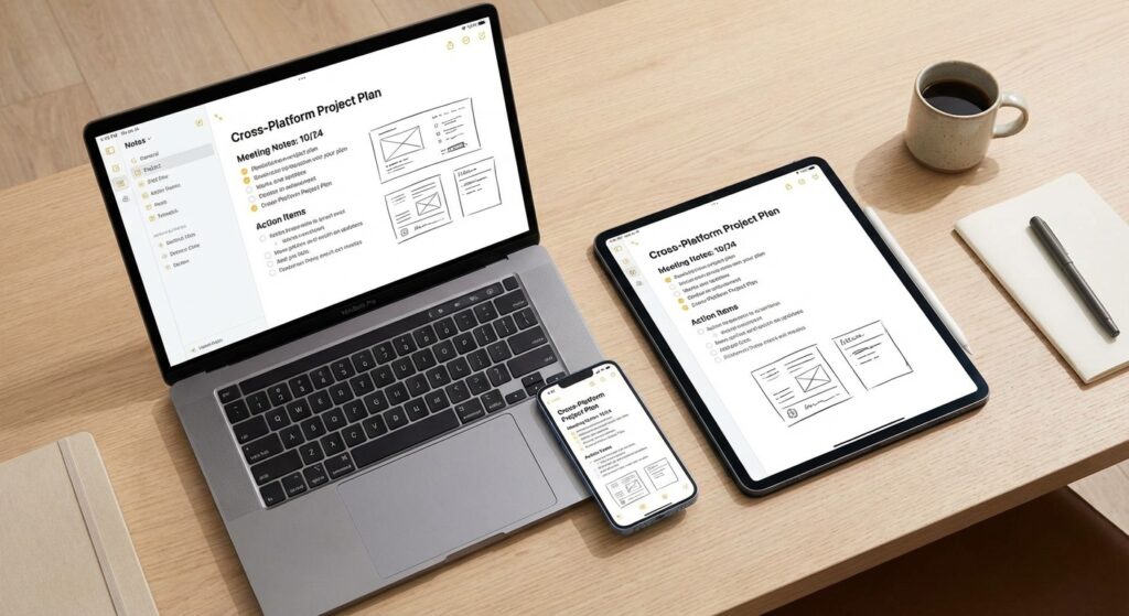 Synchronized note-taking across laptop, tablet, and smartphone showing seamless workflow