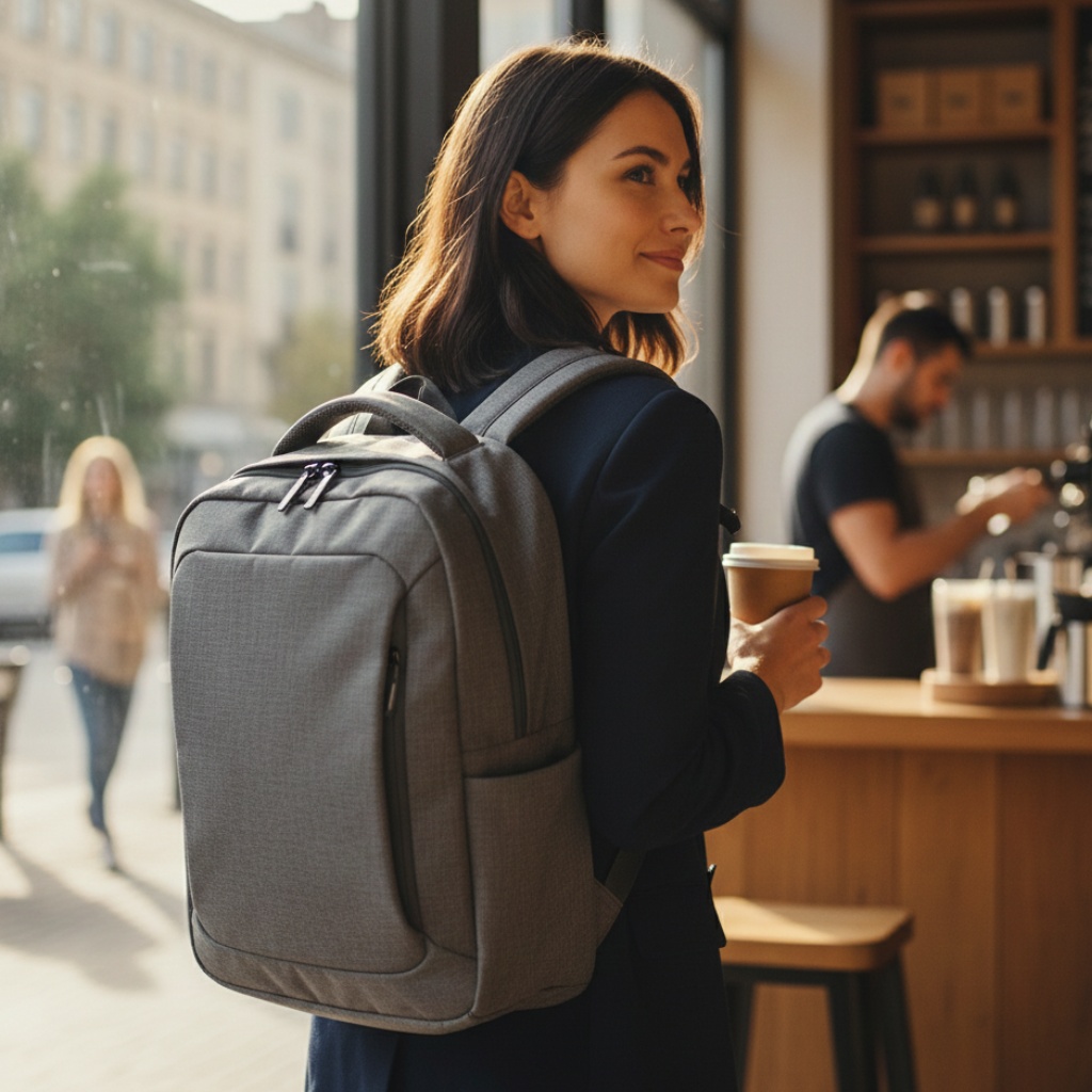 Person wearing ergonomic laptop backpack while commuting to work or coffee shop for remote work
