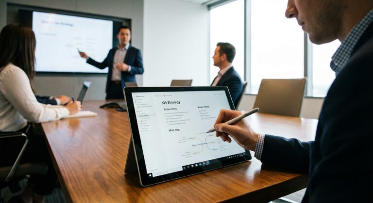 Modern professional taking notes on tablet during office meeting with colleagues