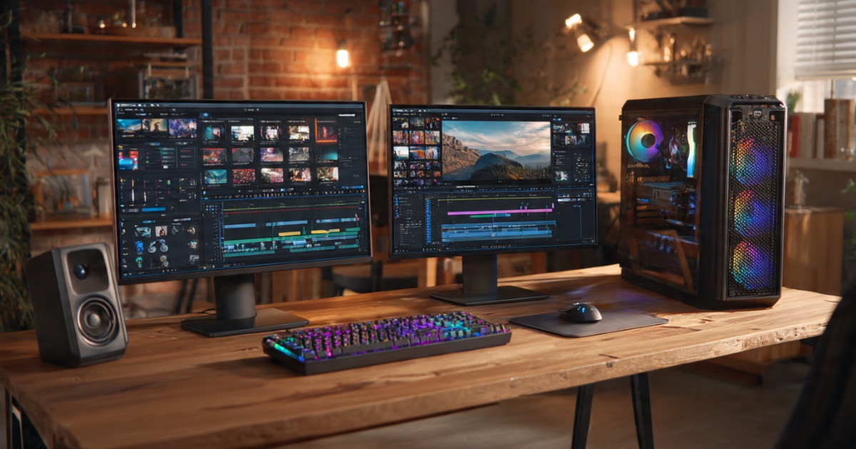 High-performance video editing computer setup with dual monitors showing video editing software timeline and color grading tools