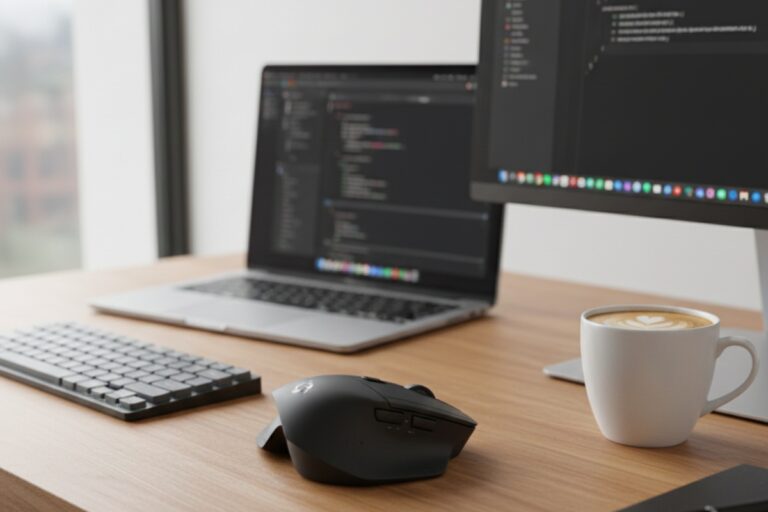 Modern desk workspace featuring premium ergonomic computer mouse, mechanical keyboard, and dual monitor setup for maximum productivity
