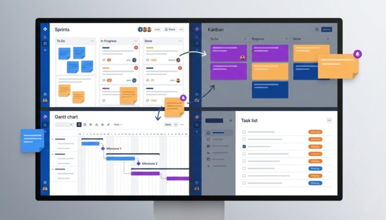 Multiple project management tool interfaces showing overlapping tasks and notifications representing team coordination challenges