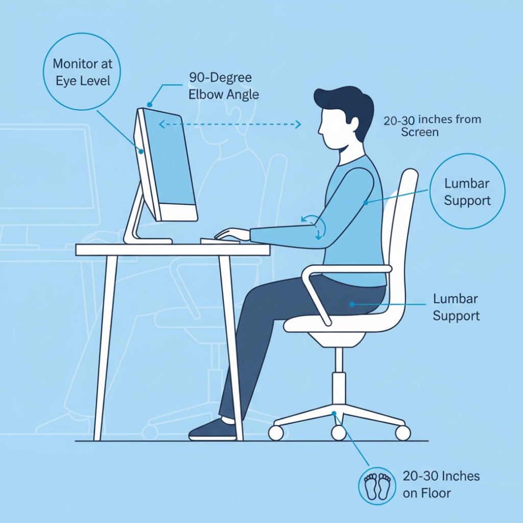 Diagram showing correct ergonomic posture at desk with proper monitor height, chair position, keyboard placement and 90-degree elbow angle