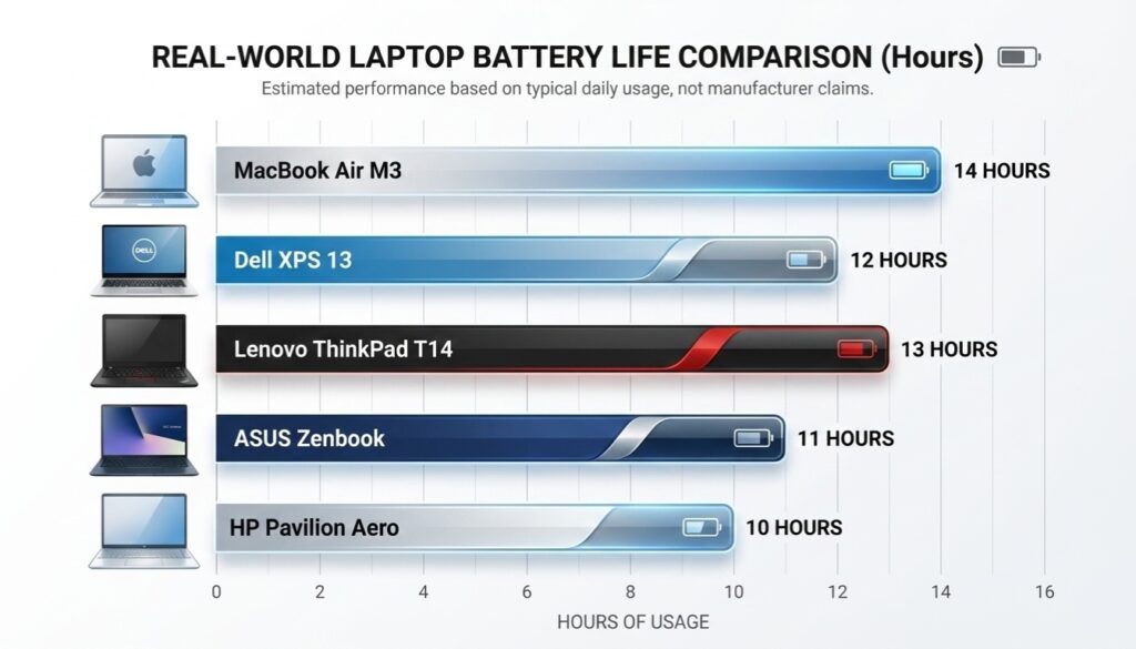 Bar chart comparing actual battery life performance of MacBook Air M3, Dell XPS 13, ThinkPad T14, and ASUS Zenbook