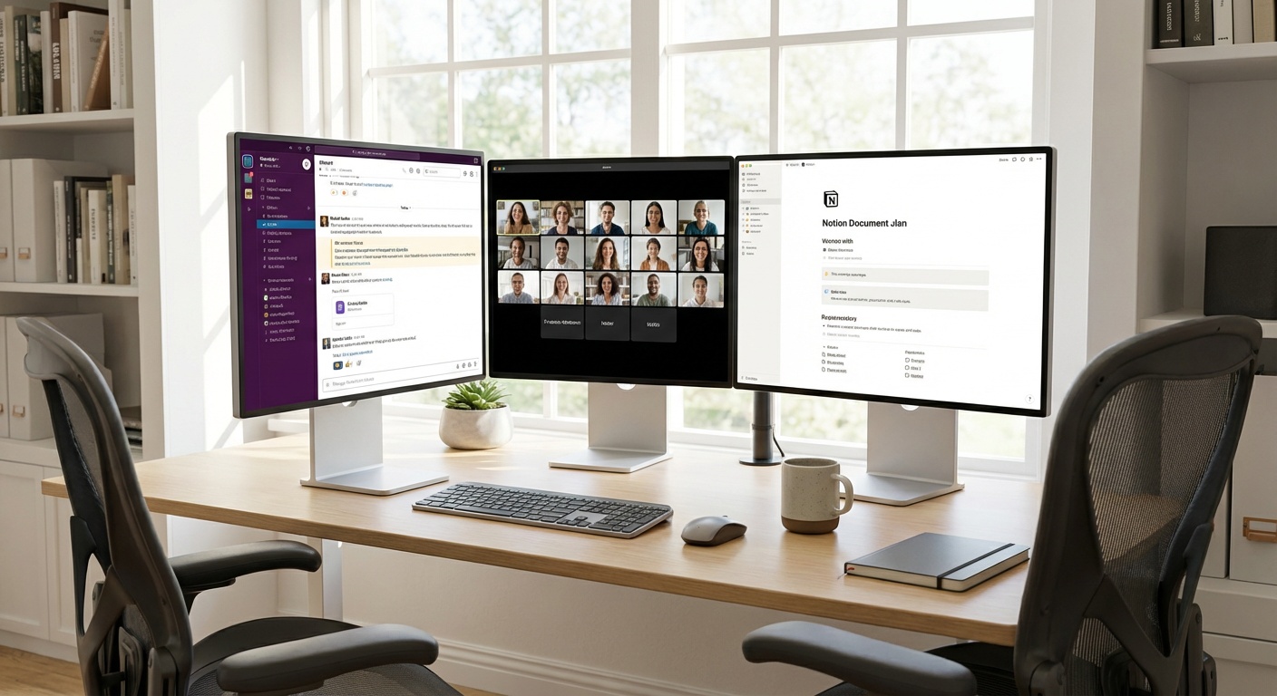 Modern home office desk with multiple monitors showing Slack, Zoom, and Notion collaboration tools for remote work