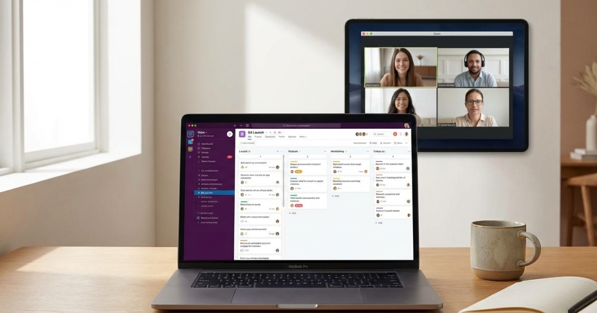 Modern workspace showing multiple collaboration tools including Slack, Asana, and video conferencing on laptop screen