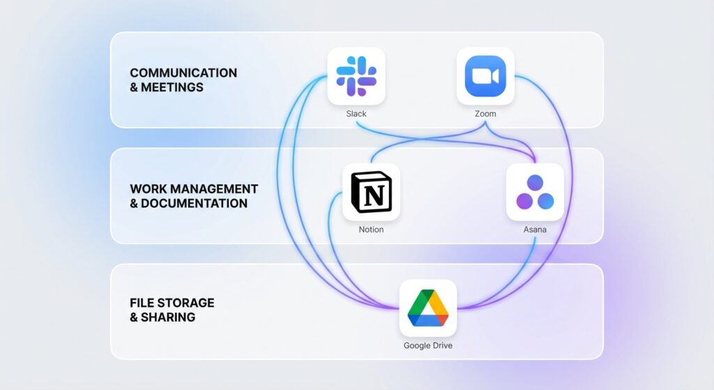 Infographic showing recommended collaboration tools stack including Slack, Zoom, Notion, Asana, and cloud storage for remote teams
