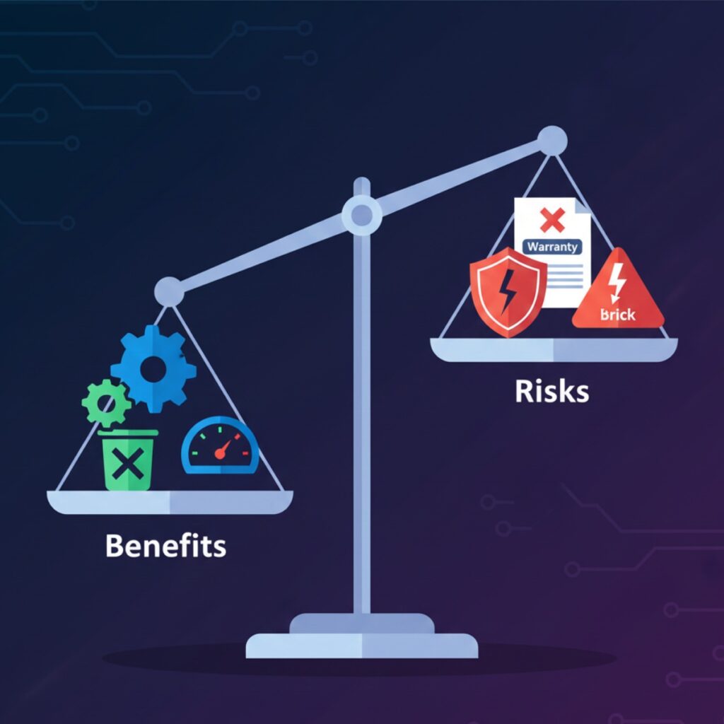 Visual comparison chart showing the benefits and risks of rooting Android or jailbreaking iOS devices with balanced pros and cons
