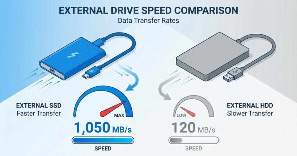 Side-by-side comparison illustration of external SSD and HDD drives with speed metrics and transfer time differences