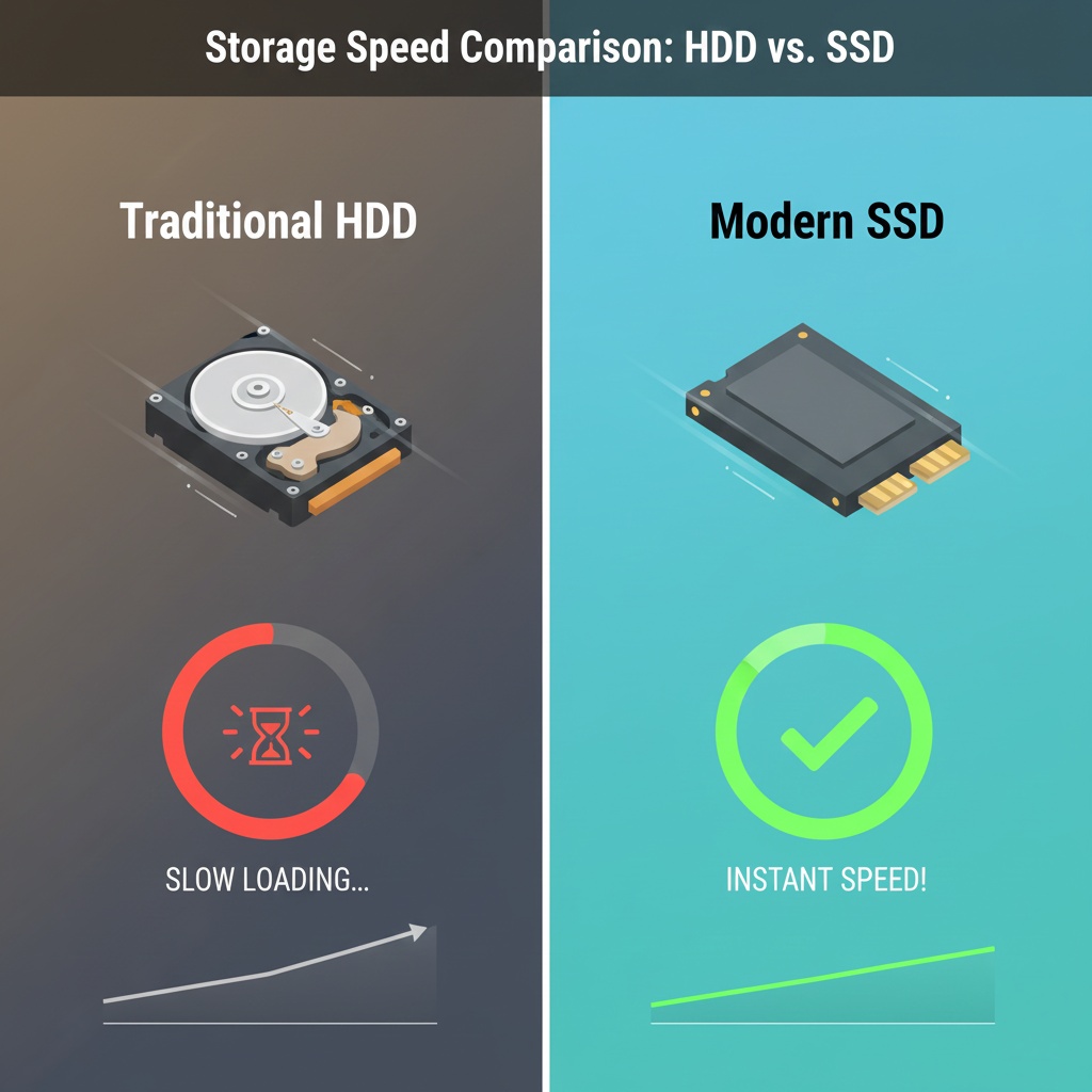 Side by side comparison of SSD and traditional hard drive showing speed difference