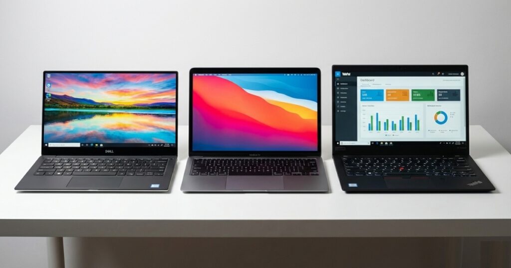 Three premium laptops displayed side by side showing Dell XPS, MacBook Air, and ThinkPad models