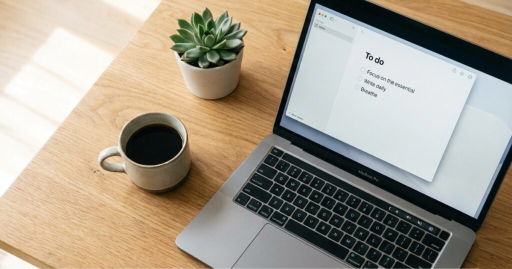 Clean minimalist workspace with laptop showing simple to-do list, emphasizing simplicity over complexity in productivity