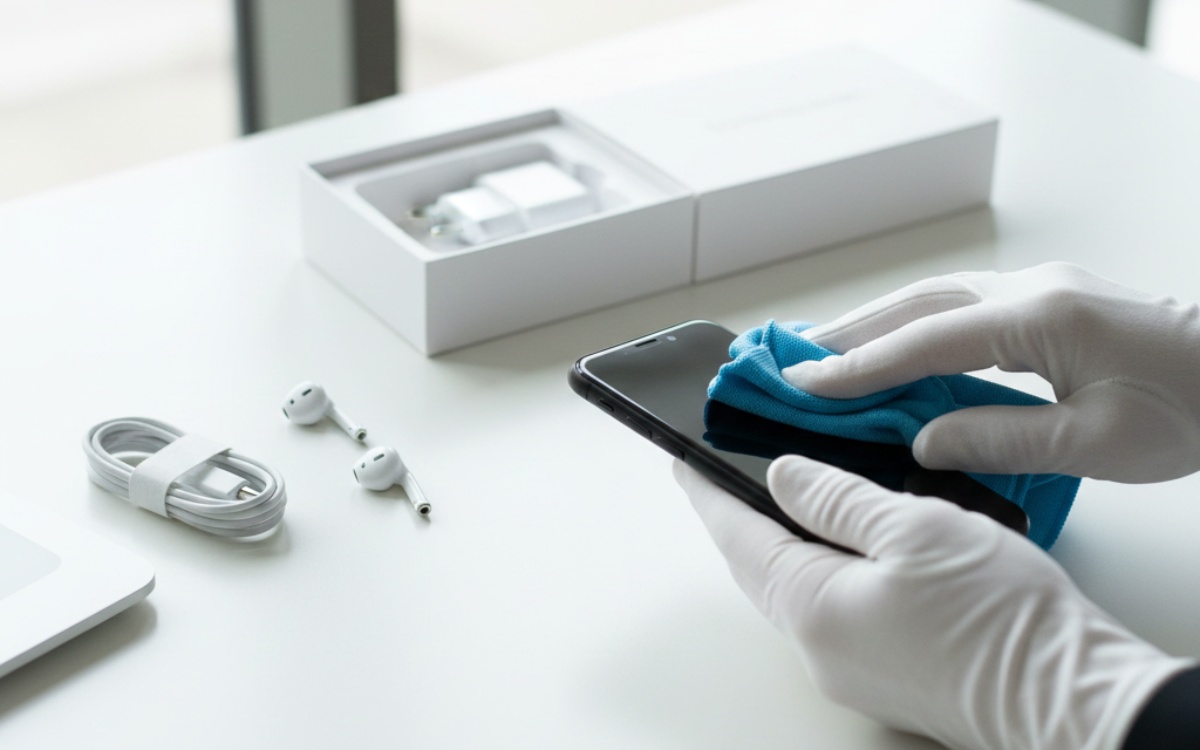 Person cleaning and preparing smartphone for sale with microfiber cloth and accessories